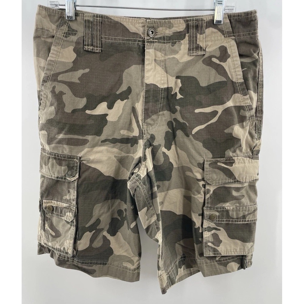 Men's Faded Glory Camo Cargo Shorts Dark Green Brown Size 32